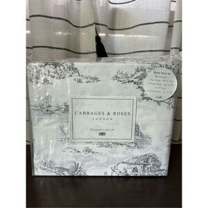 Cabbages & Roses Queen Sheet Set French Country Toile Print Slate Grey 100% Cott
